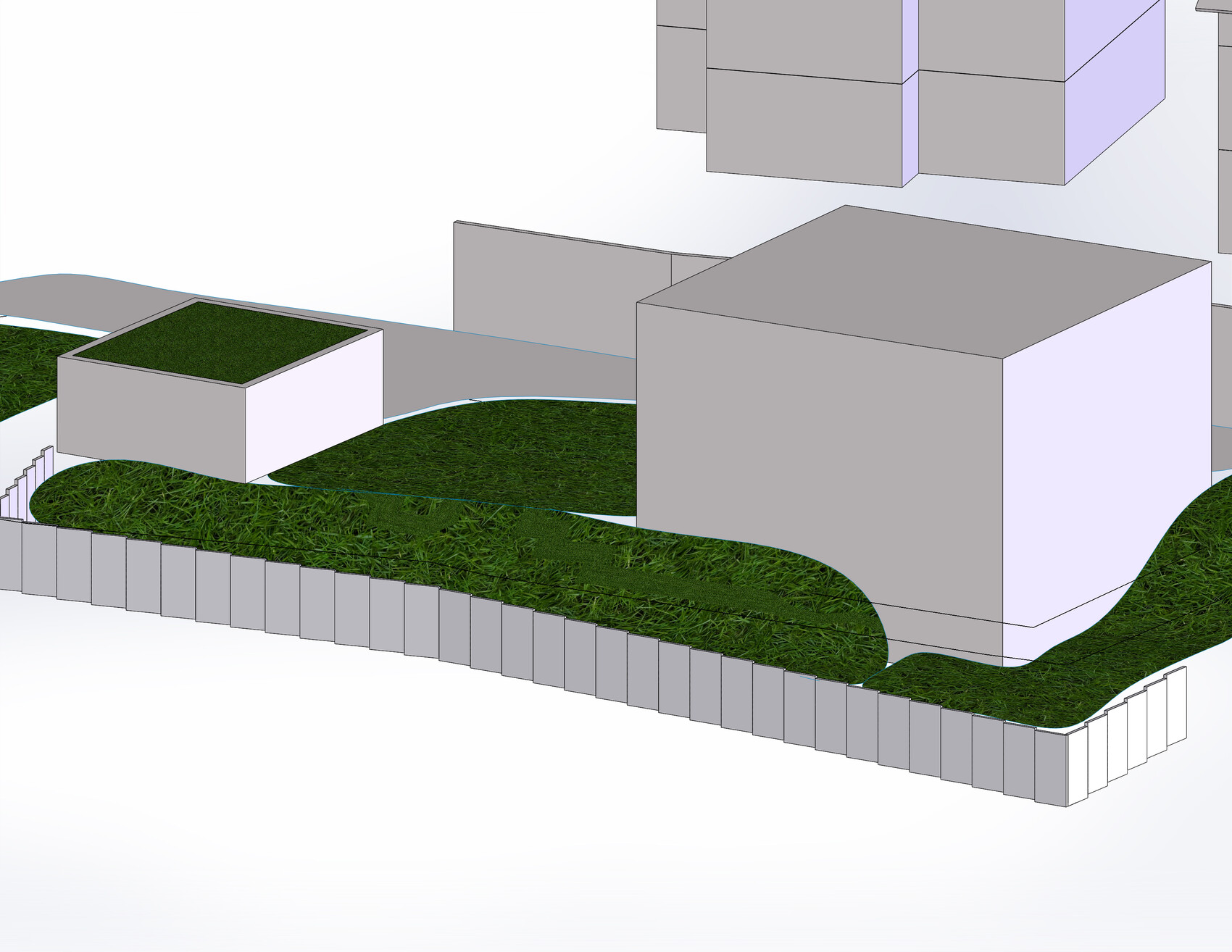 3D model of a plot of land with buildings, grassy areas and boundaries