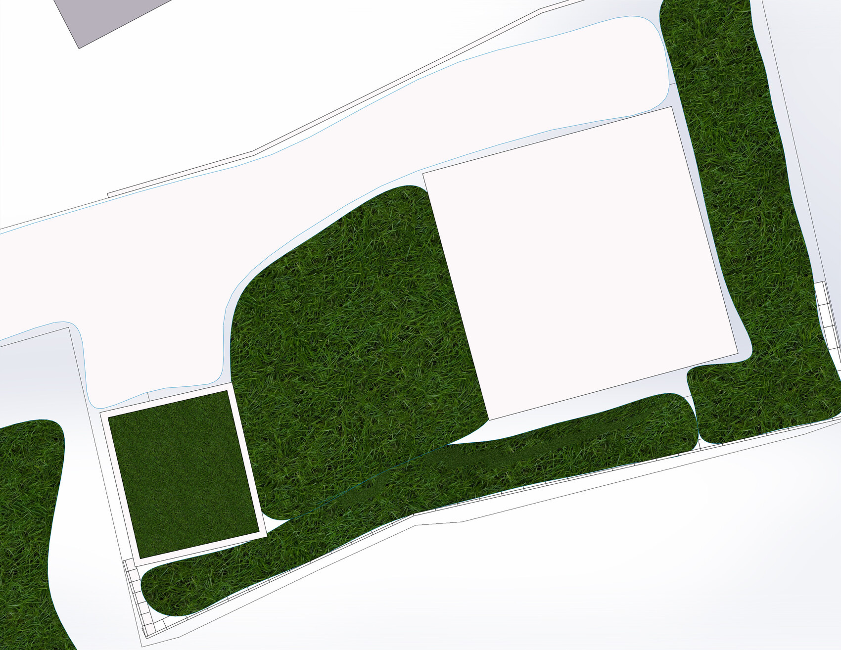 Site plan of a green area: green lawns surround white spaces, partly curvy paths and slabs.