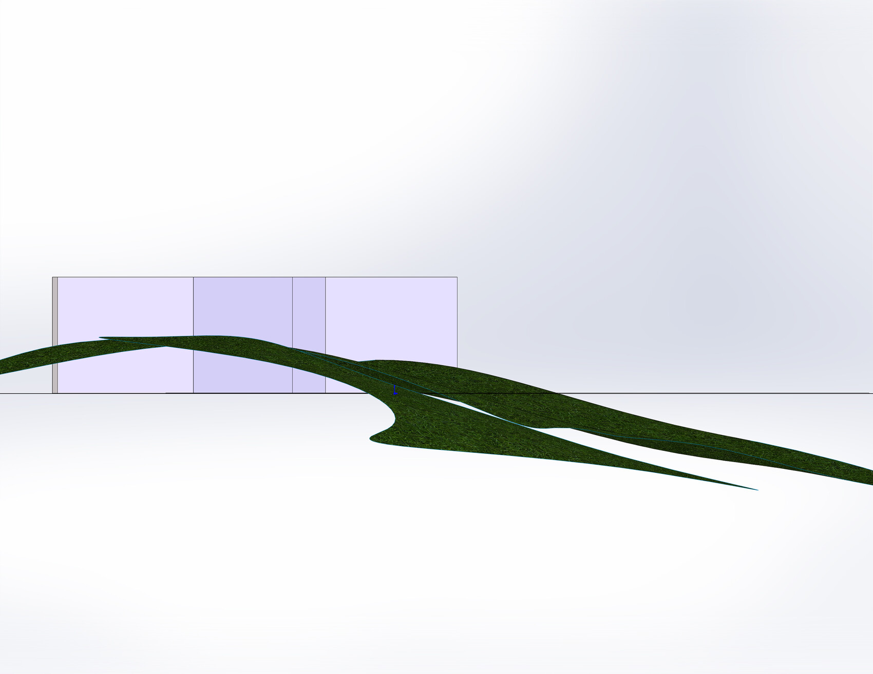 Abstract scene: curved green strip over purple rectangular panels against a light background.