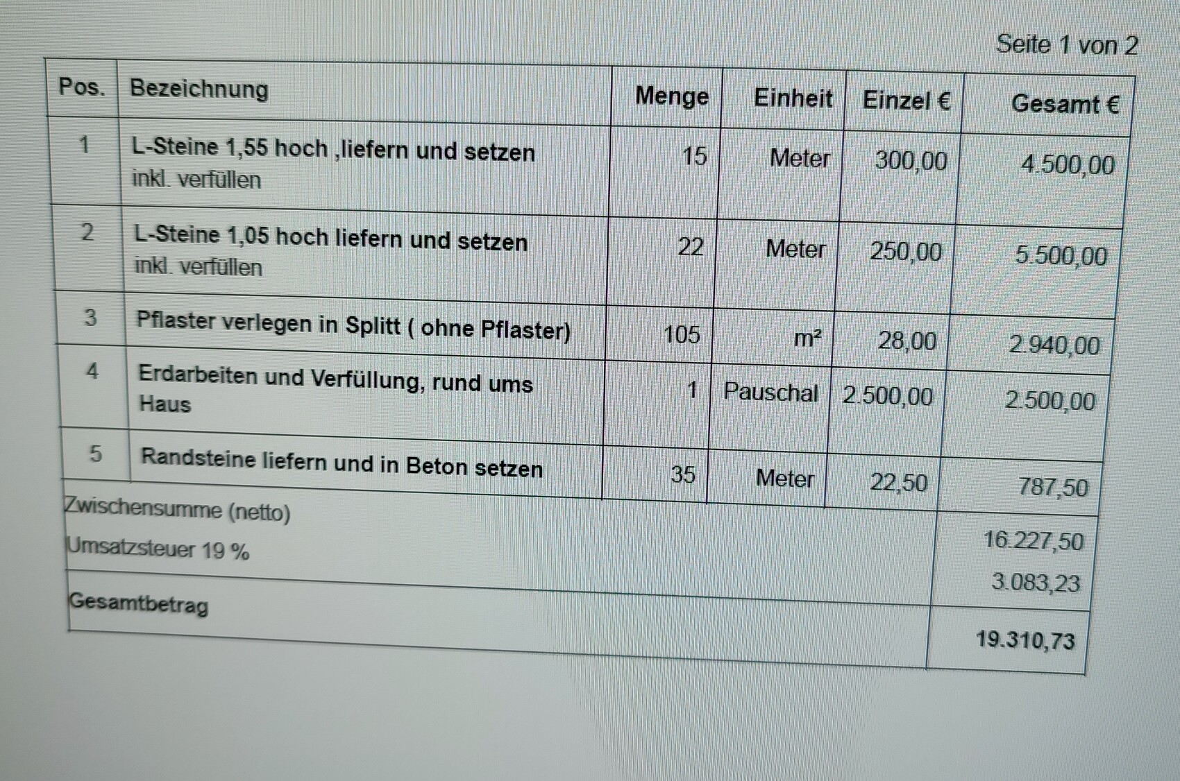 Cost breakdown for construction services: stones, paving, earthworks, curbstones; total amount