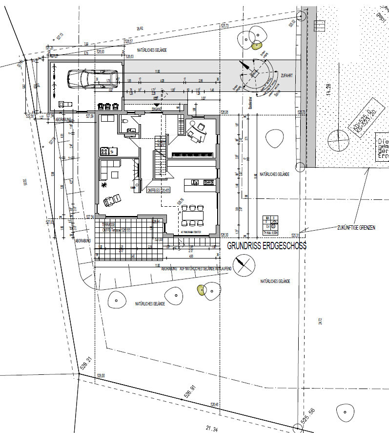 Ground floor plan: living room, kitchen, dining area, stairs, garage, and garden.