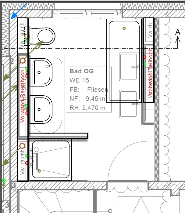 Bathroom upper floor plan: attic bathroom with shower, two washbasins, and doors.