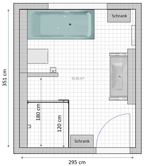 Bathroom floor plan: bathtub on top, wash area in the middle, shower below, cabinets on the right.