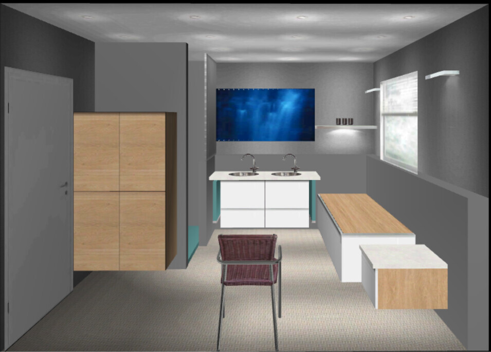 3D view of a modern kitchen with sink, base cabinets, and bench seating