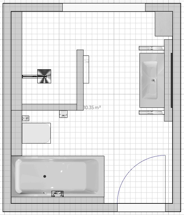 Floor plan of a bathroom: bathtub, toilet, sink, and door.