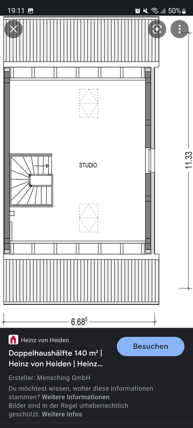 Grundriss eines Studios: großer offener Raum mit Treppe links, Beschriftung STUDIO