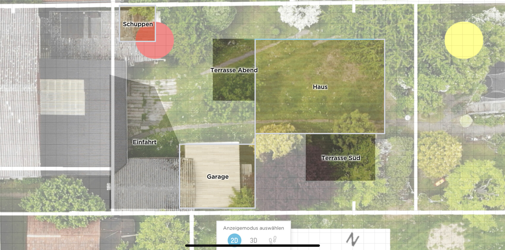 Aerial view of a property with house, evening terrace, south terrace, garage, shed and driveway