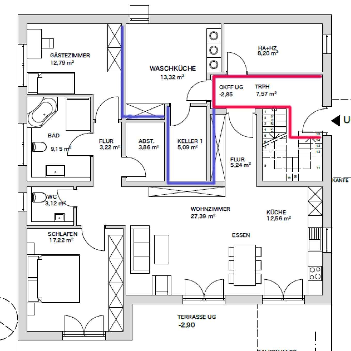 2D floor plan of a house with living room, kitchen, hallway, bedroom and bathroom