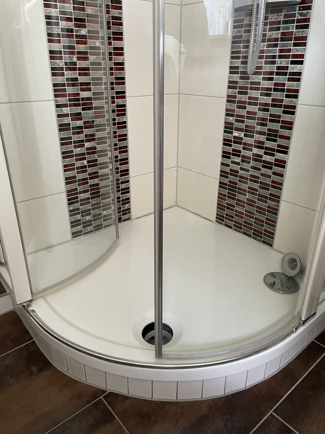 Corner shower with curved glass front, white shower base, and reddish-brown mosaic walls.