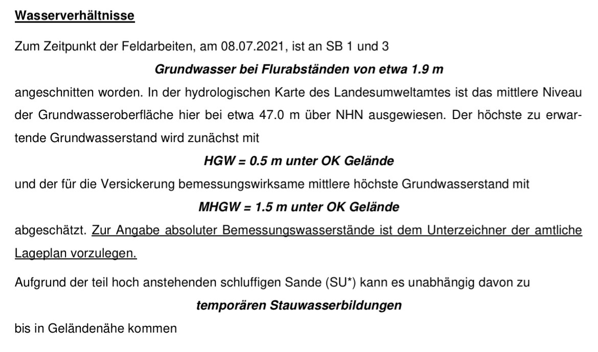 Groundwater conditions: HGW 0.5 m, MHGW 1.5 m below surface; possibility of perched water.