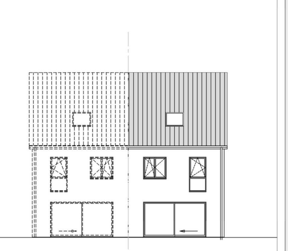 Two-part house with garage; left roof dashed, right roof vertical.