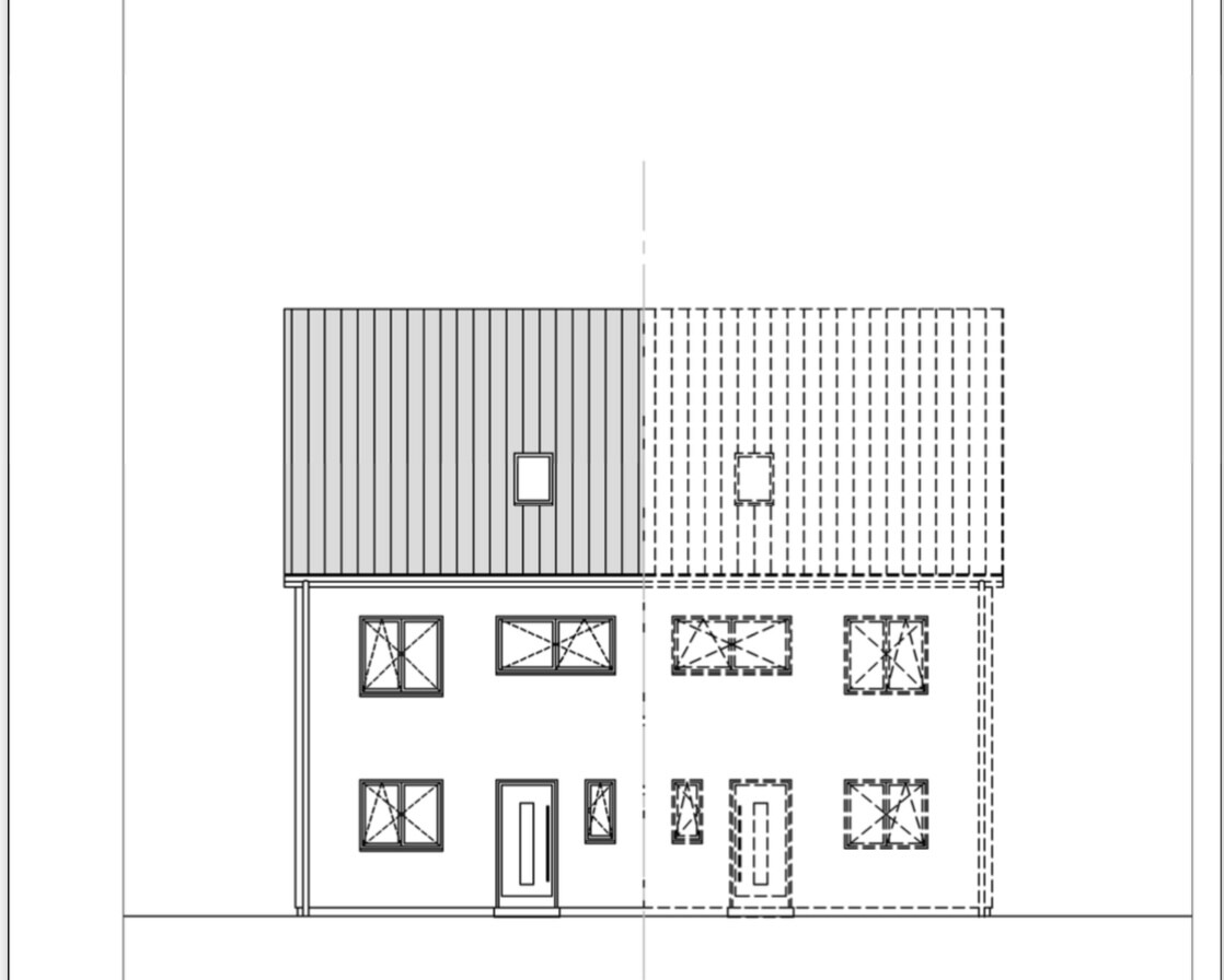 Two-story house design diagram: left part with solid roof, right part dashed as draft.