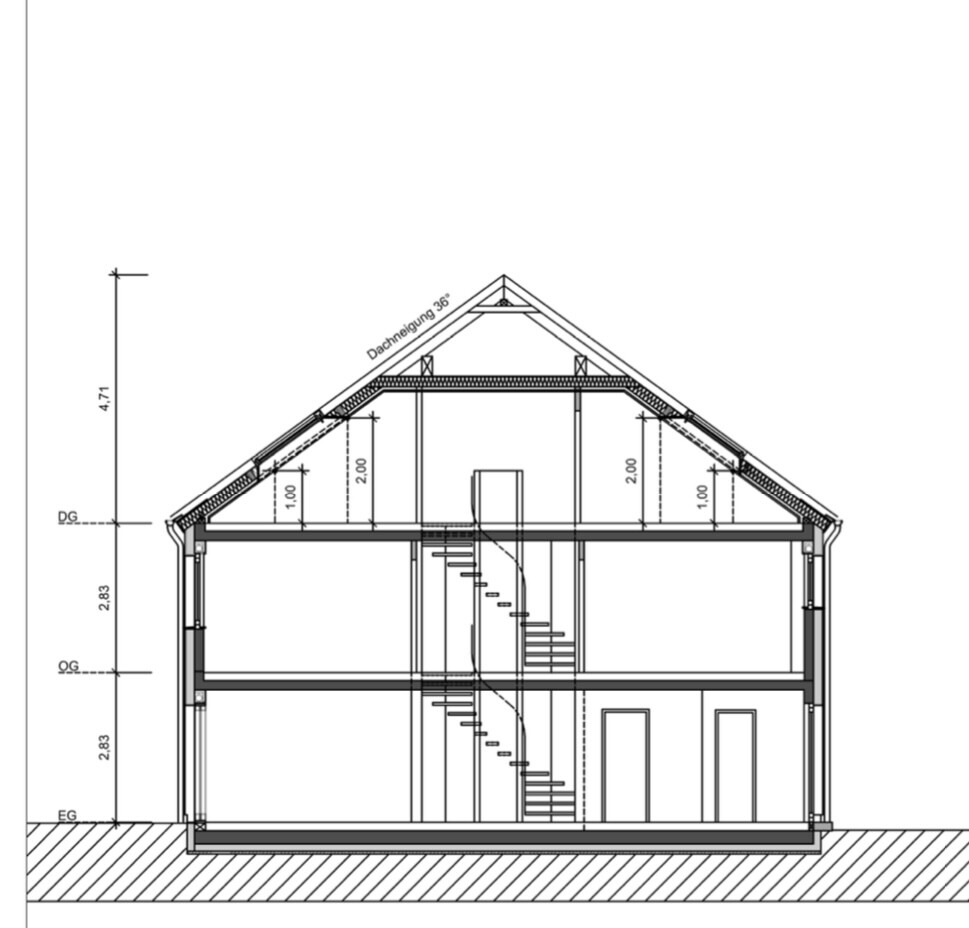 Section through a two-story house with attic and stair access.
