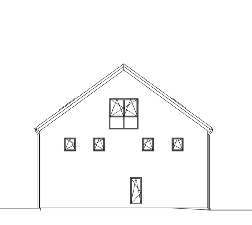 Line drawing of a house with gable roof, central upper window, and several small windows.