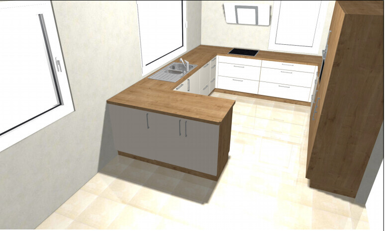 Kitchen with L-shaped work line, wood countertops, white cabinets, sink, stove, and window.