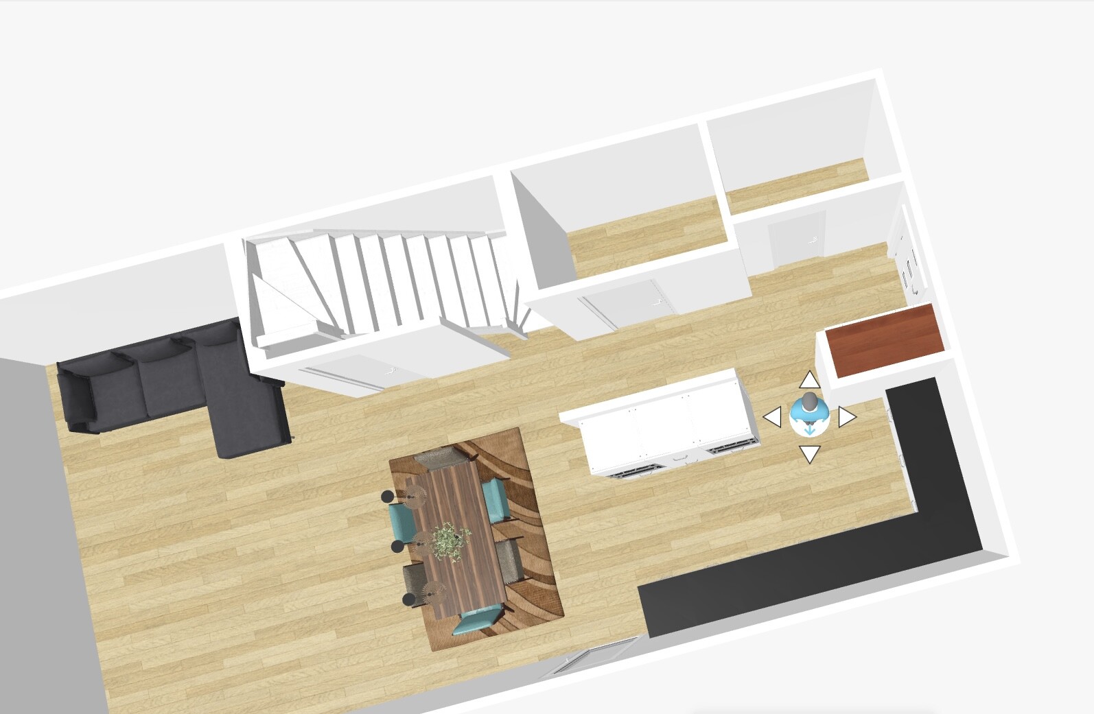 3D top view of an open living and dining area with kitchen island, dining table, sofa, and staircase.