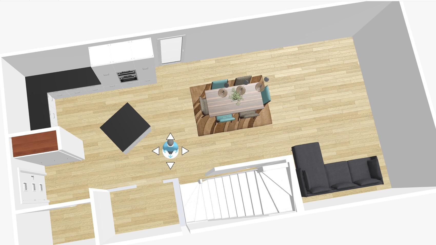 Top-down 3D layout of an open living, dining, and kitchen area with staircase, dining table, and sofa.