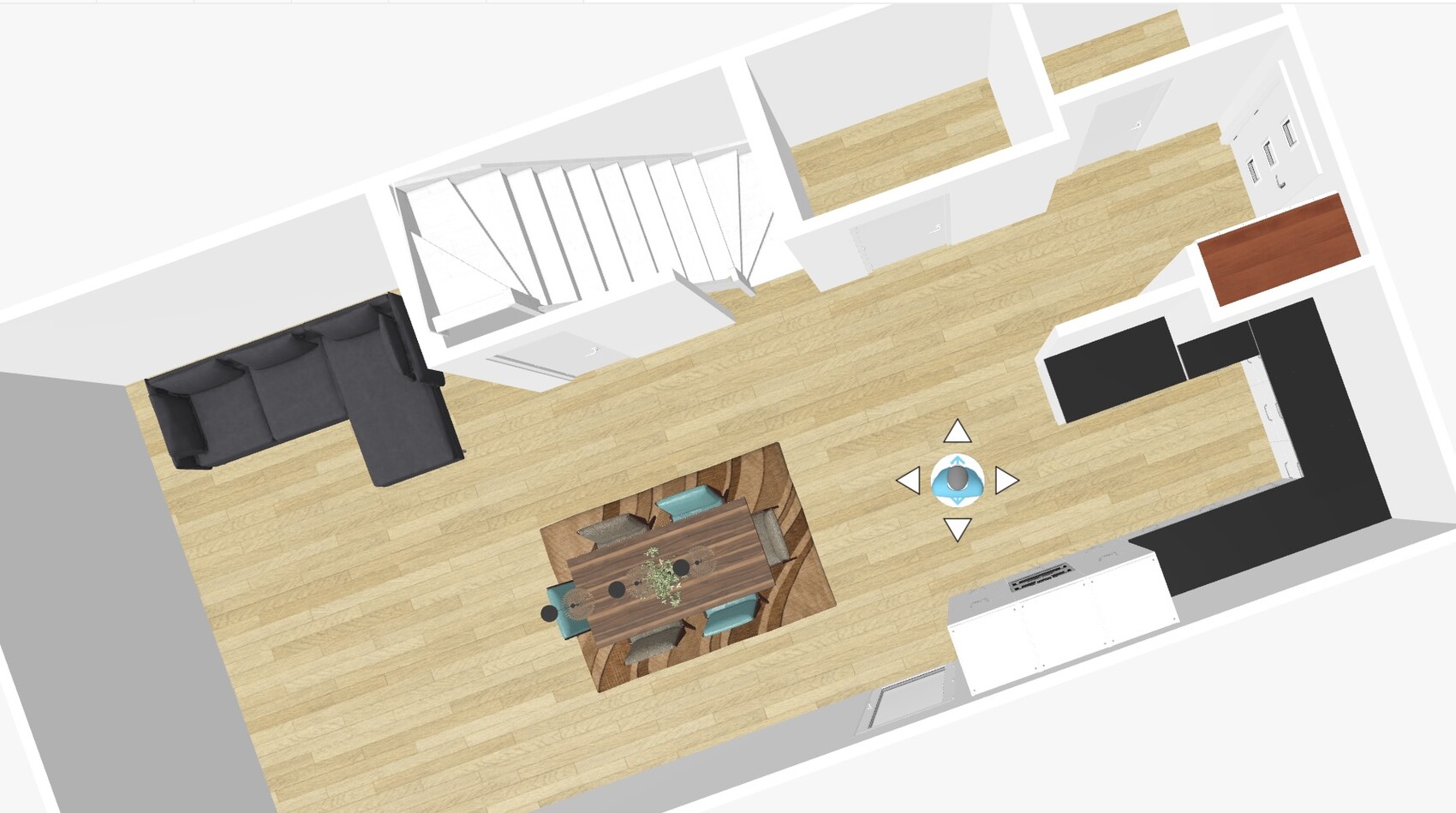 Open plan living kitchen layout with dining table, corner sofa, staircase, and kitchen run.