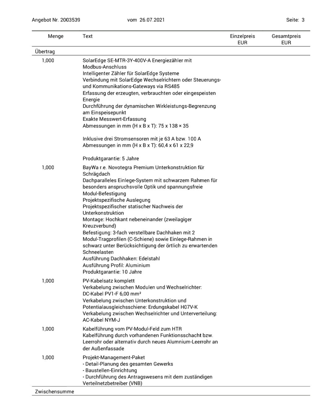 Quote page No. 2003539 (page 3) with tables of products, quantities, and prices.