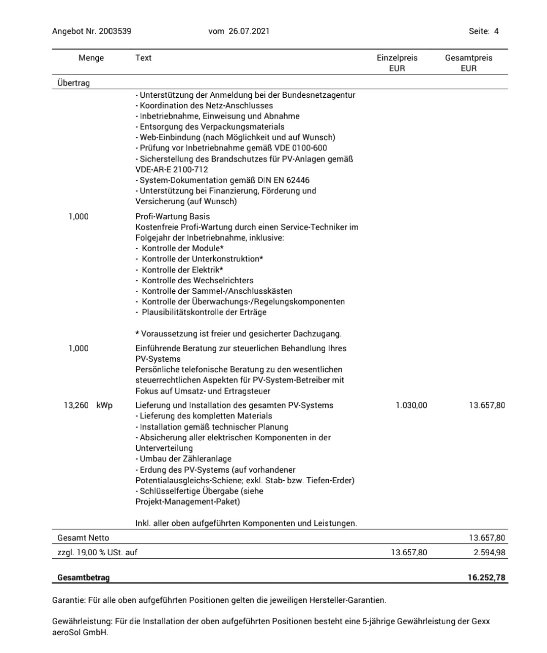Side view of a quote with performance details, prices, and total amount.