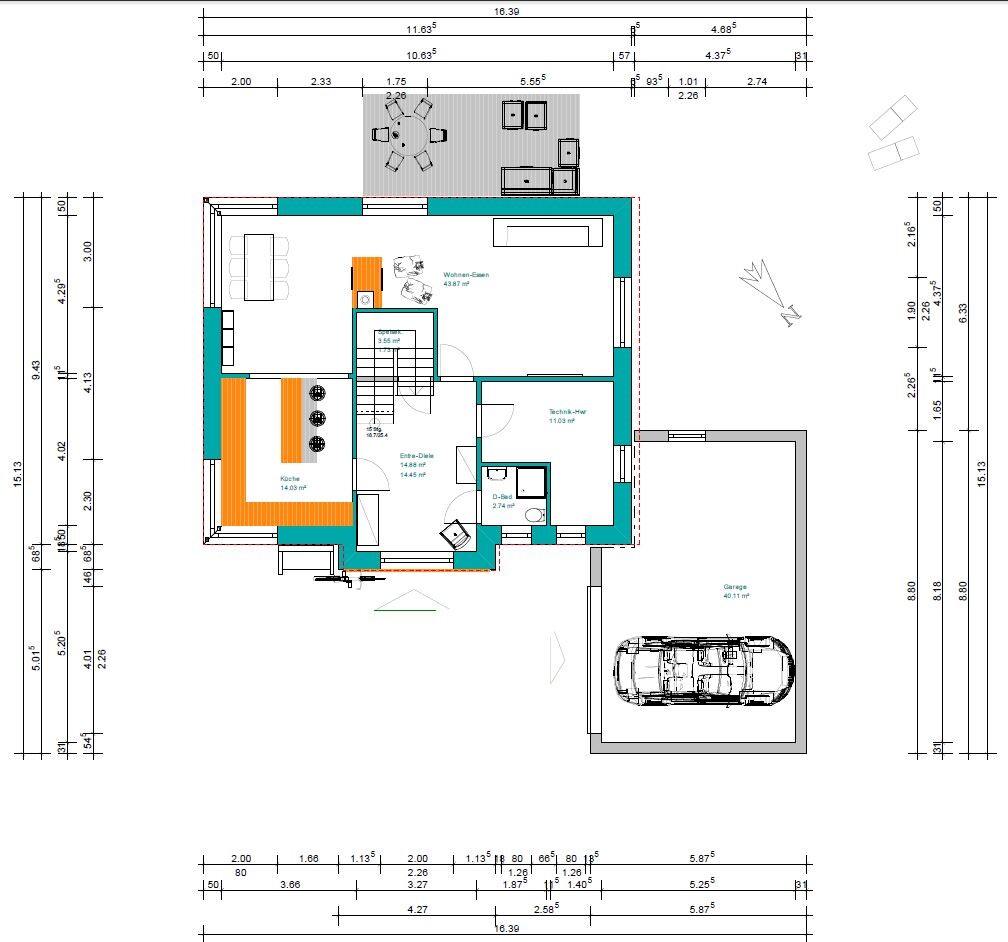 Detailed 2D floor plan of a residential house with kitchen, living room, and garage.