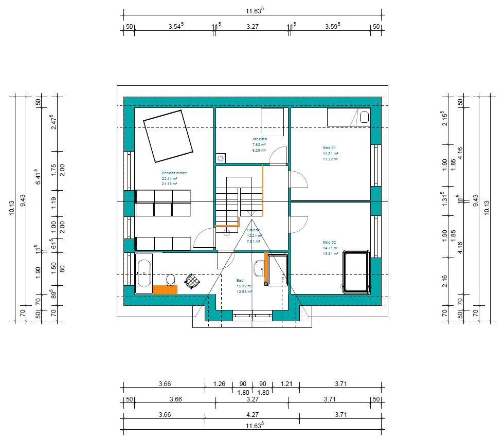 2D floor plan of a house with bedrooms, bathroom, hallway, and stairs, color-coded