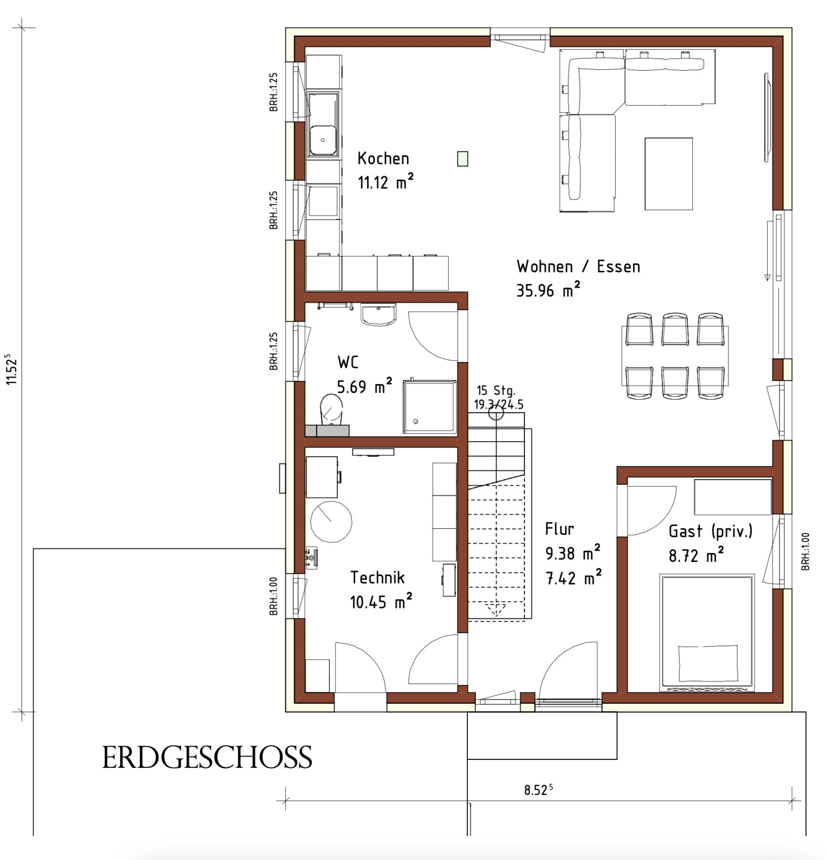 Ground floor plan: kitchen, living/dining area, WC, technical room, hallway, guest room.