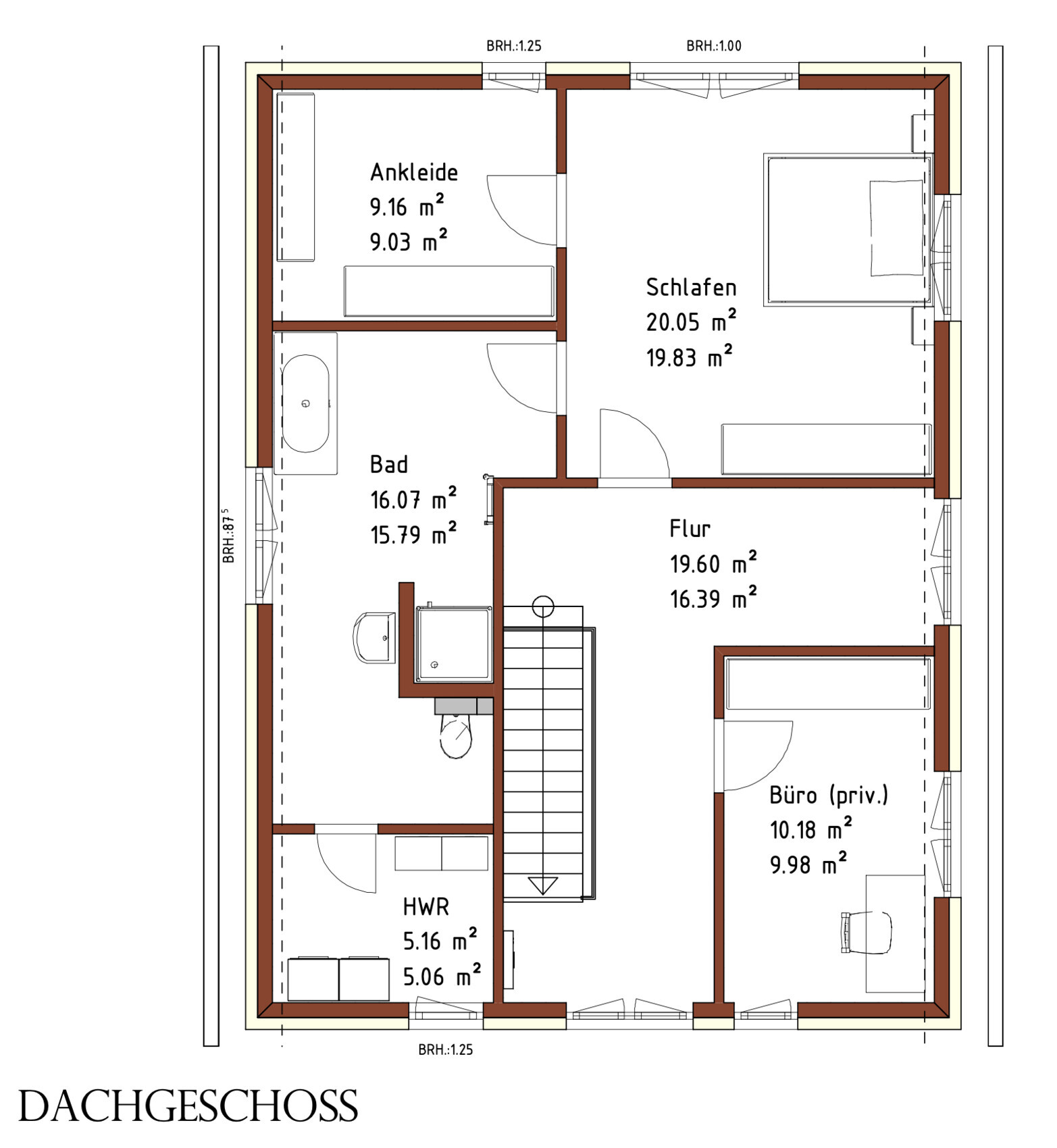 Attic floor plan: bedroom, dressing room, bathroom, hallway, office, utility room.
