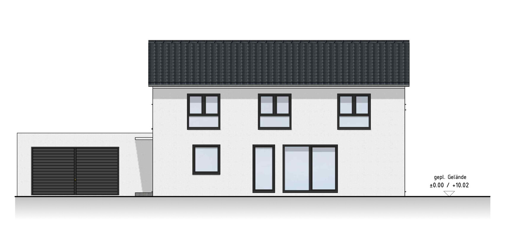 Two-story single-family house with white facade, dark roof, large windows, and garage on the left.