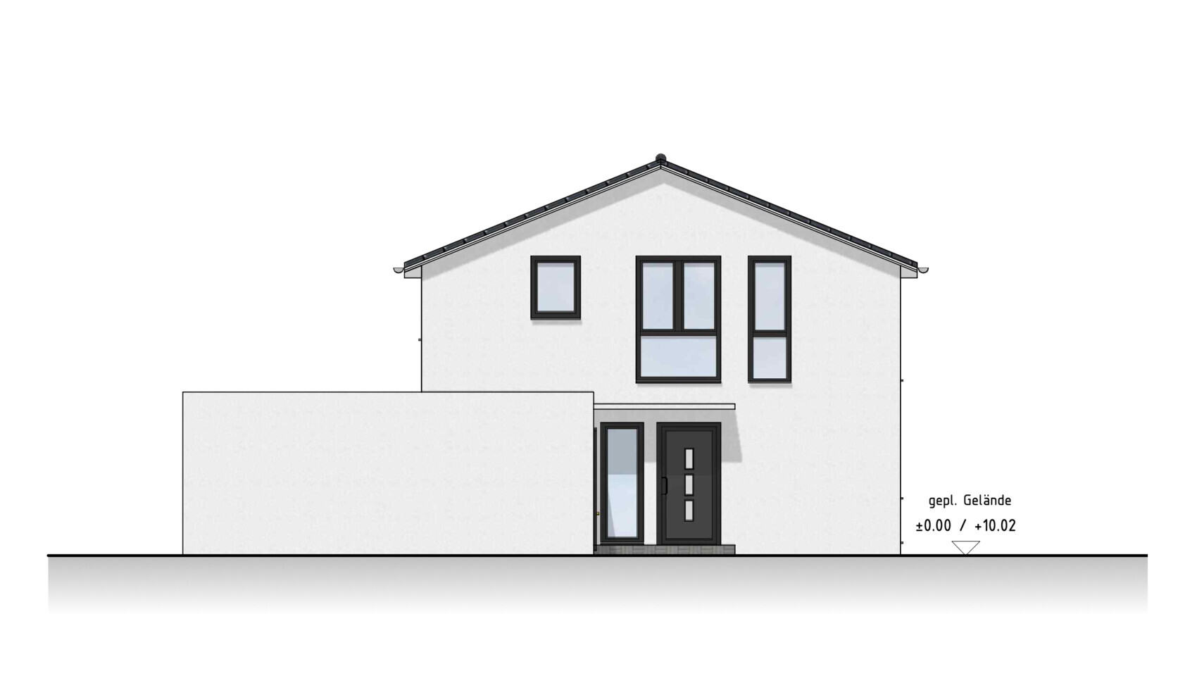 Modern white single-family house silhouette with gabled roof, dark windows, and side extension.