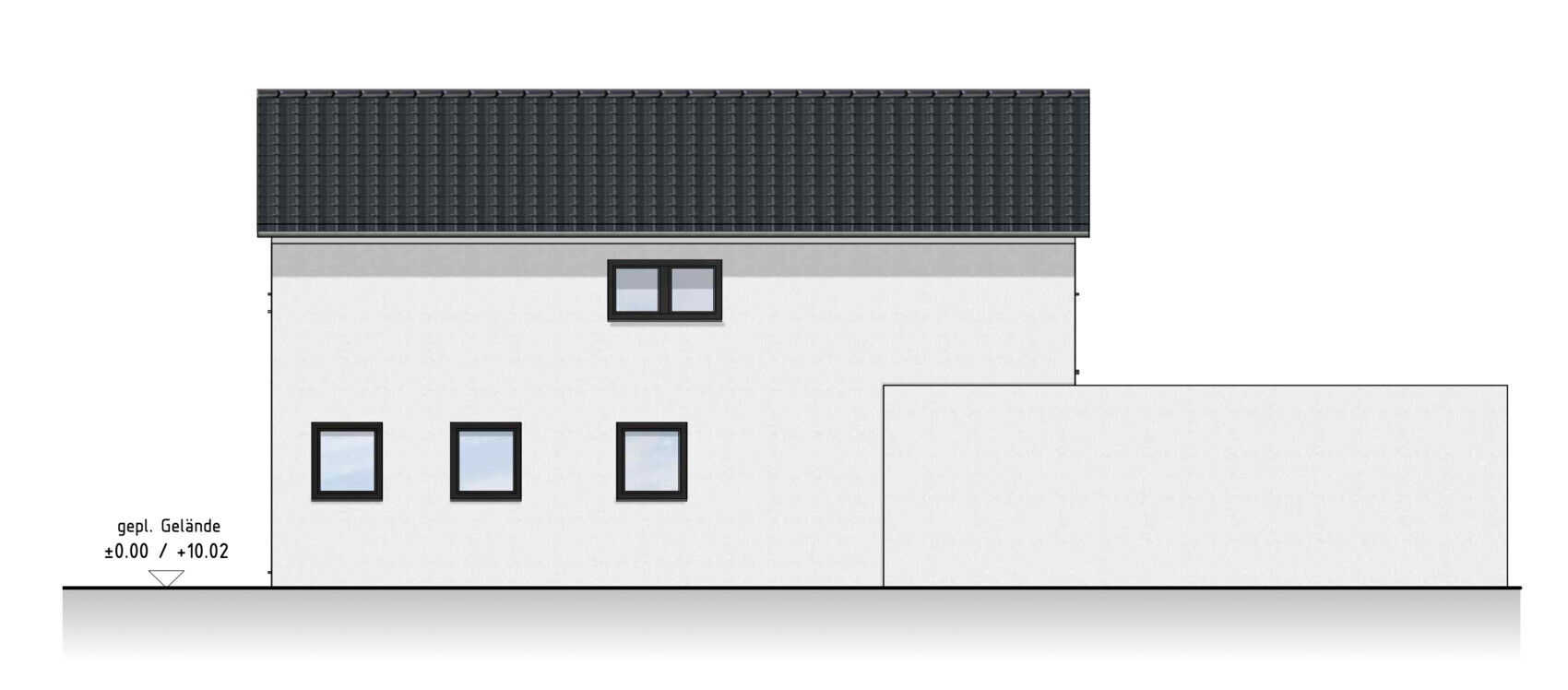 Side view of a two-story house with dark tiled roof, three windows, extension on the right.