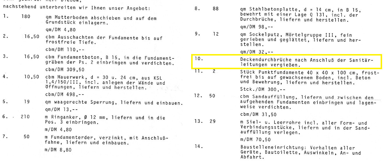 Tabulated construction items; no. 10: Seal ceiling penetrations after connecting sanitary pipes.