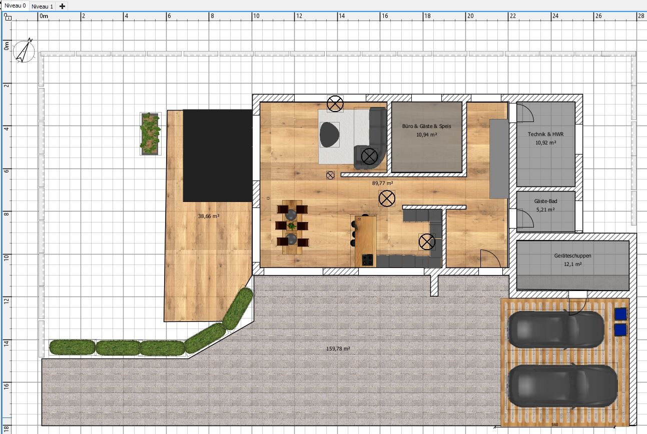 Ground plan of a house: kitchen, office, utility room, guest bathroom, tool shed, double garage.