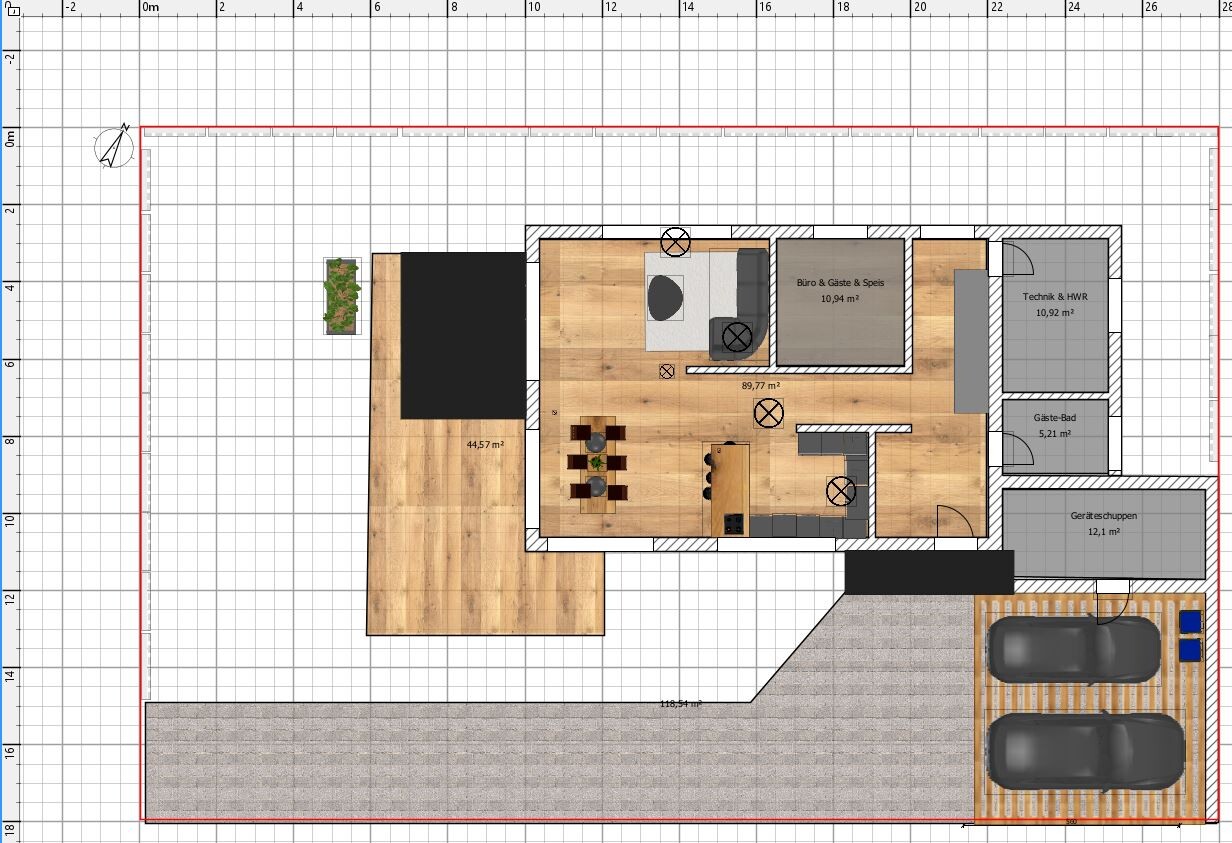Floor plan of a house with kitchen, dining area, living room, office, utility room, guest bathroom and double garage.