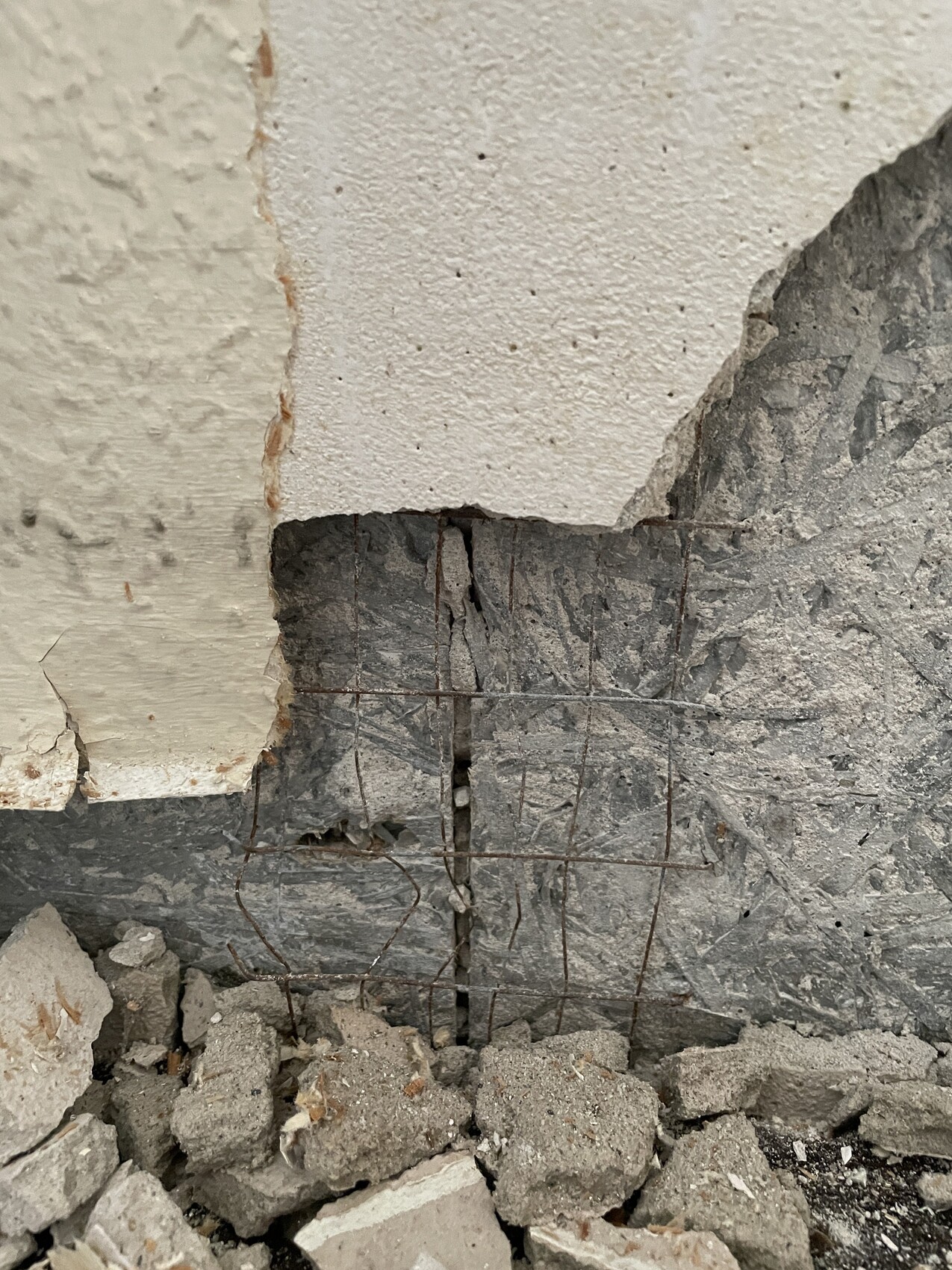 Broken wall: plaster falling off, rusty wire mesh visible in concrete, debris on the floor.