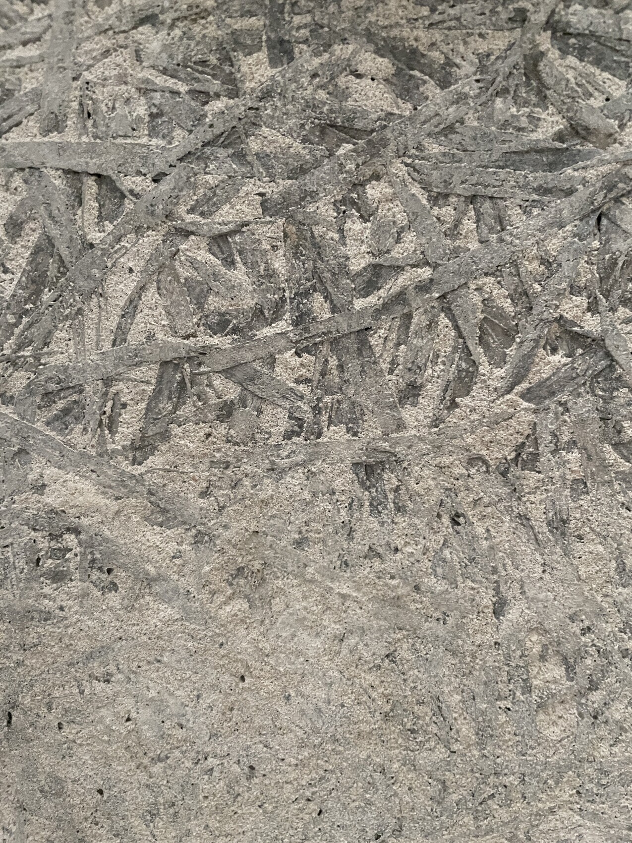 Close-up of an OSB wood chipboard with gray wood streaks and dust.