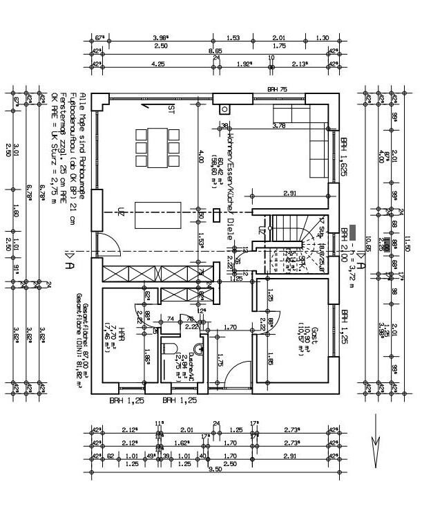 Floor plan of a residential house with kitchen, dining room, living room, hallway, bathroom, bedroom and stairs