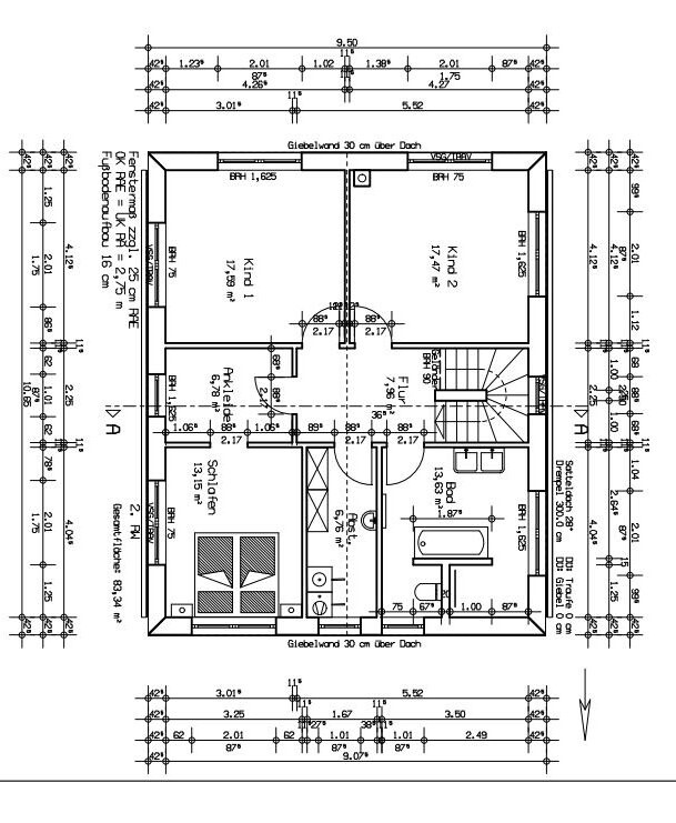 Floor plan of a house: kitchen, bedroom, bathroom, hallway and stairs, with dimensions.