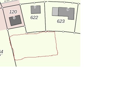 Lageplan: Parzellen 622 und 623, Gebäude 5, 7, 9, roter Umriss eines unbebauten Grundstücks.