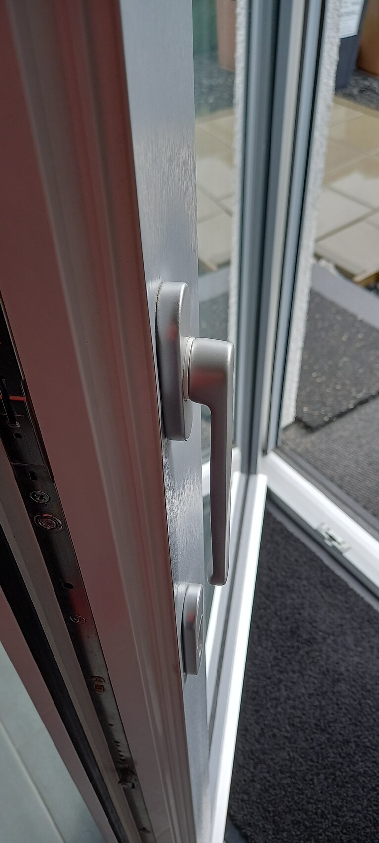 Silver door handle on a glass/metal door; a sidewalk is visible outside.