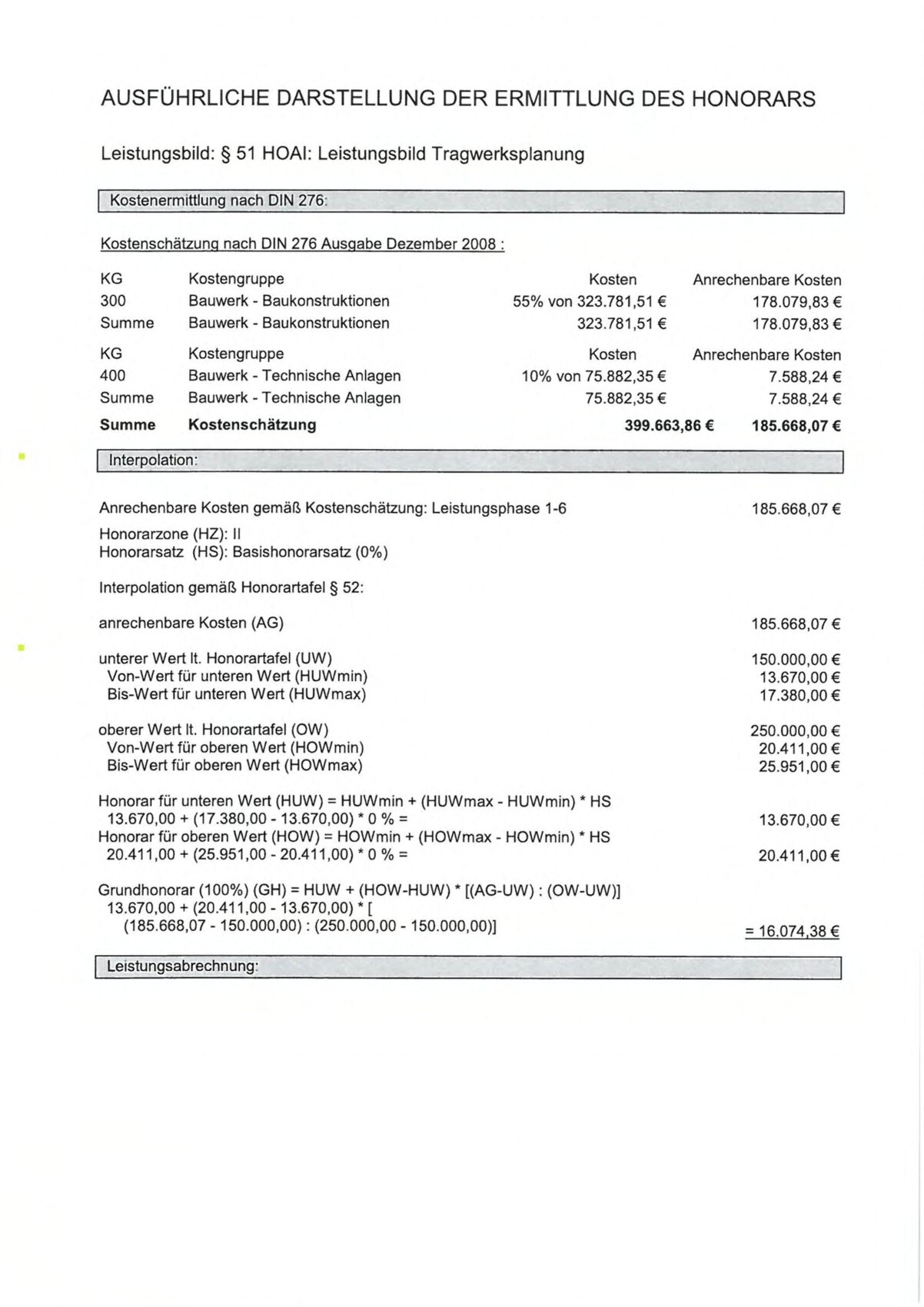 Ausschnitt einer Kostenaufstellung zur Honorarermittlung mit DIN 276, Tabellen und Summen.
