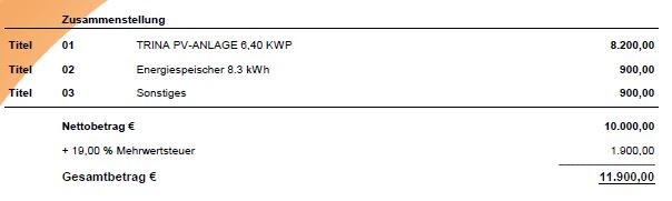 Zusammenstellung: PV-Anlage 6,40 KWP Speicher 8,3 kWh Sonstiges Gesamt 11.900 €