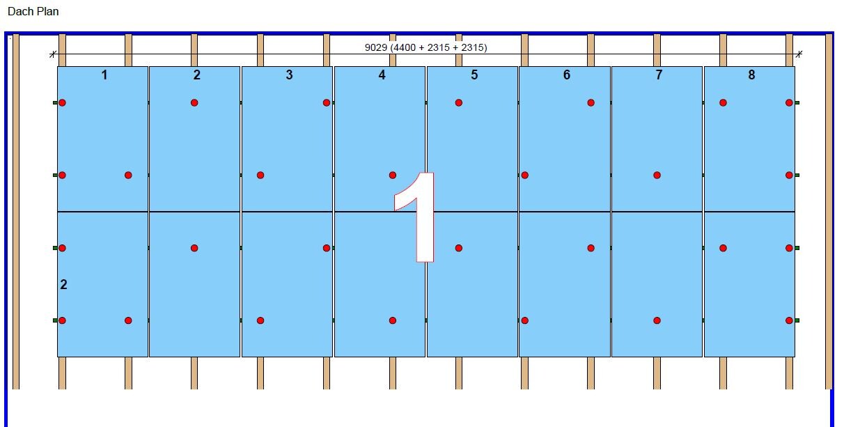 Dachplan mit acht blauen Dachfeldern (1–8), rote Befestigungspunkte und Rand-Holzbalken.