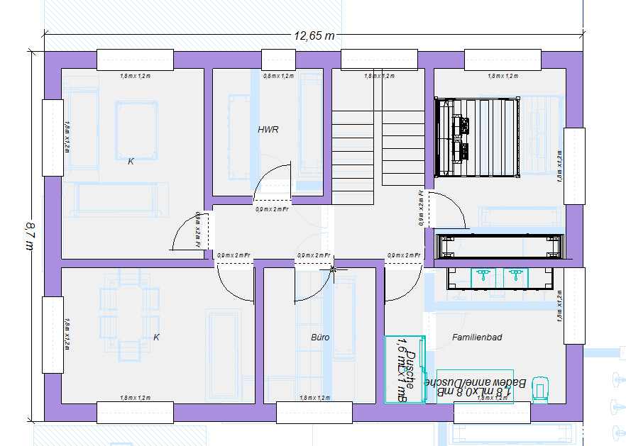 Floor plan of a house with kitchen, office, bathroom, and hallway areas.