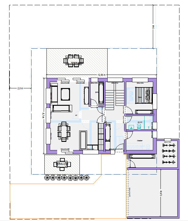 Floor plan of a house with living room, kitchen, bathroom, bedroom, stairwell, and terrace.