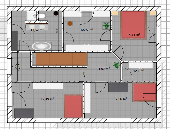 Grundriss eines Hauses mit mehreren Räumen, Flächenangaben in m², Betten und Bad