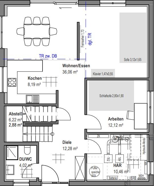 Floor plan of a house: living/dining, kitchen, hallway, storage room, office, sleeping area, bathroom.