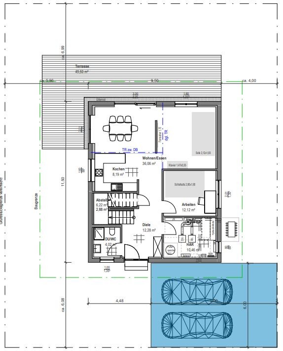 Floor plan of a house with terrace, living/dining area, open kitchen, study, and double garage.