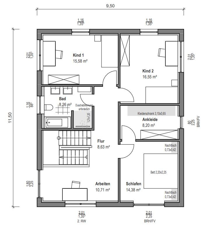 Top view floor plan: corridor, bathroom, office, bedroom, two children’s rooms, dressing room.