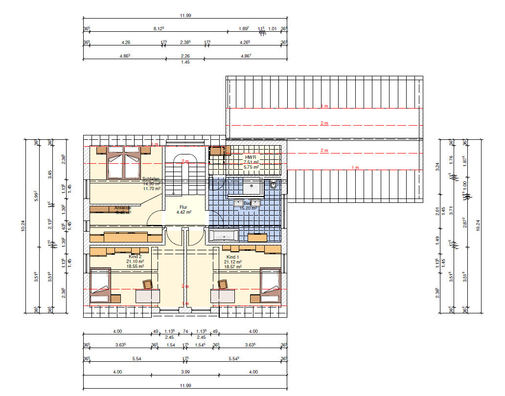 2D-Grundriss eines Hauses mit Schlafzimmern, Bad, Flur und Treppen.